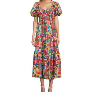 Antonio Melani Tropical Short Puffed sleeve Scoop Neck A-Line Midi Dress size XL